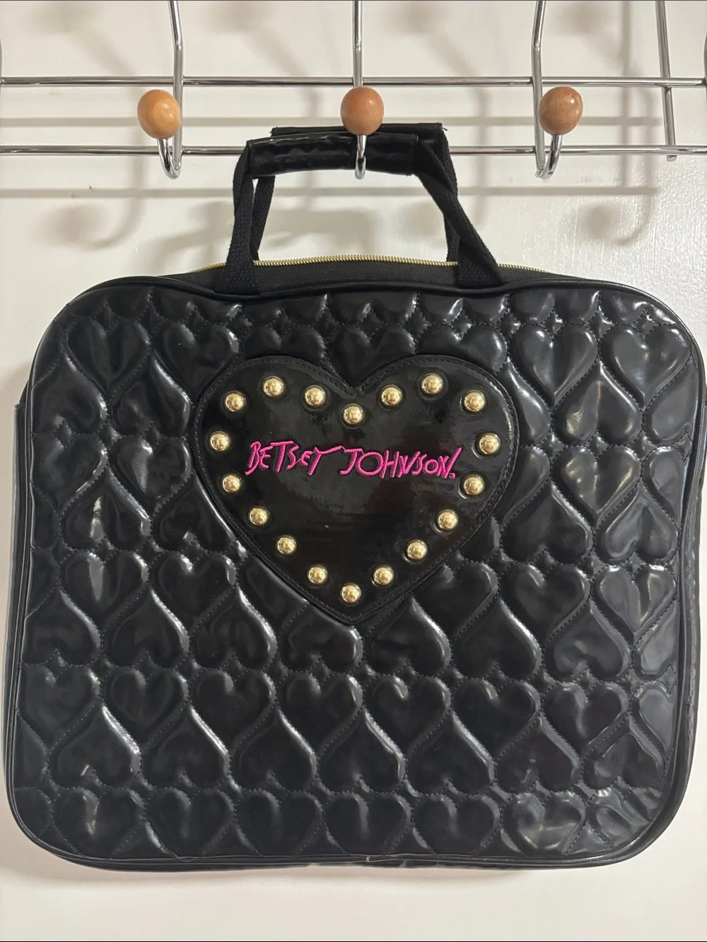 Betsey Johnson Black Quilted Heart Stud Laptop Bag with Pink Logo
